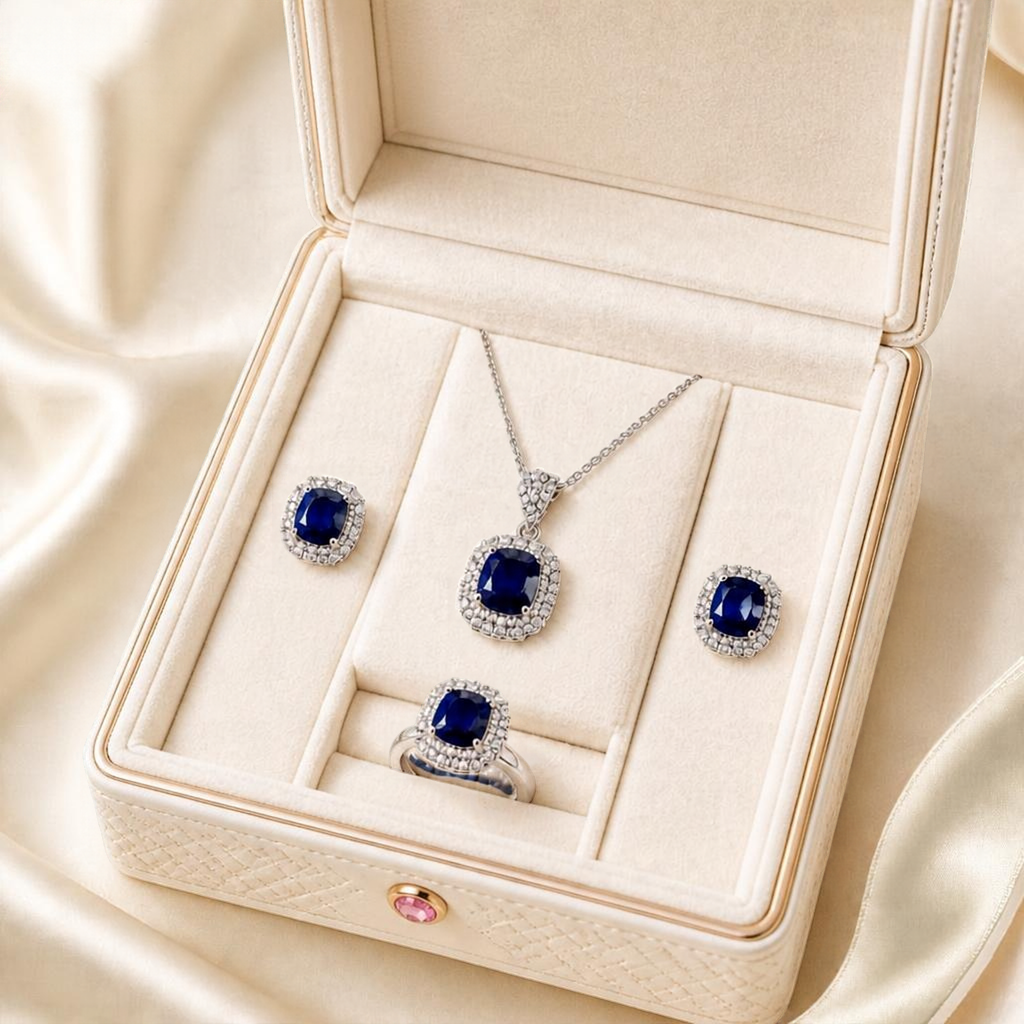 Blue Sapphire-Style Halo 4-Piece Jewelry Set