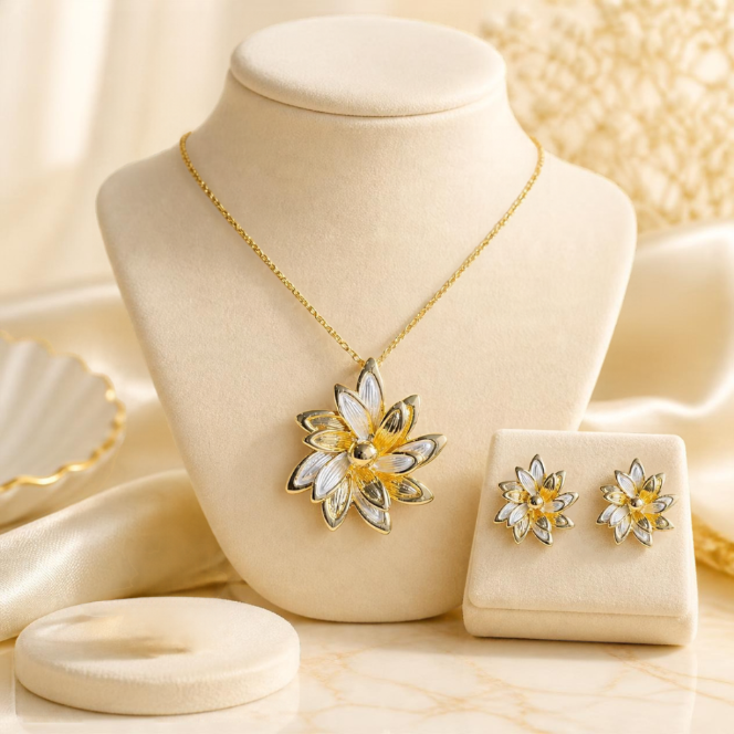Gold and Silver Floral Necklace and Earring Set