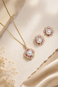Pearl & Pink Stone Floral Pendant Necklace and Earring Set