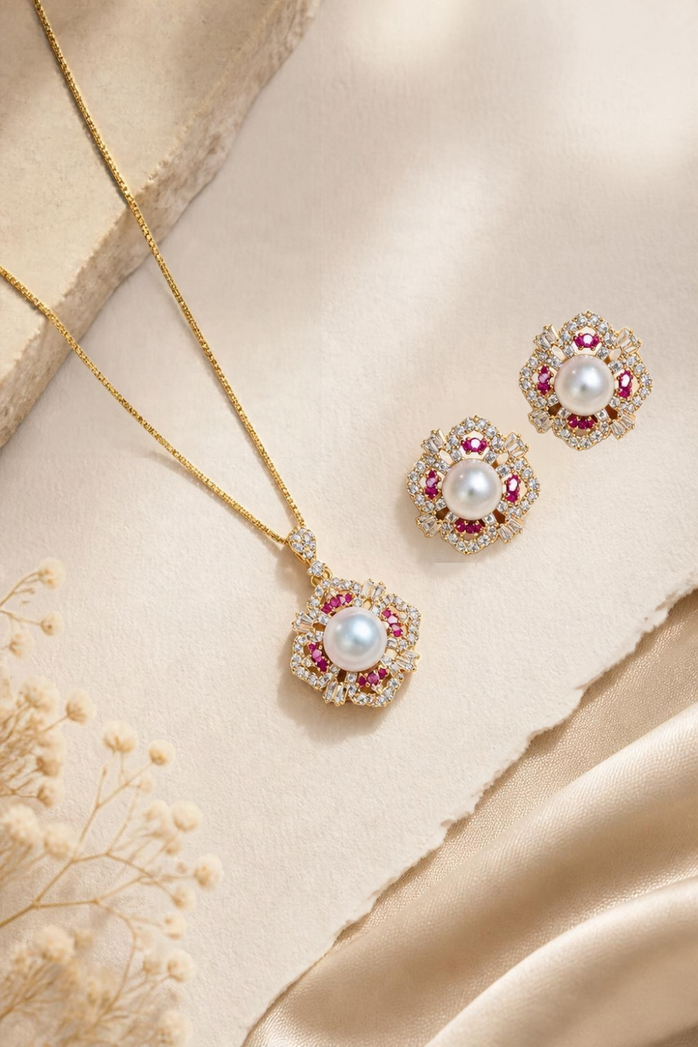 Pearl & Pink Stone Floral Pendant Necklace and Earring Set