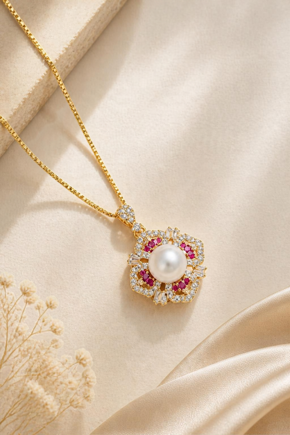 Pearl & Pink Stone Floral Pendant Necklace and Earring Set