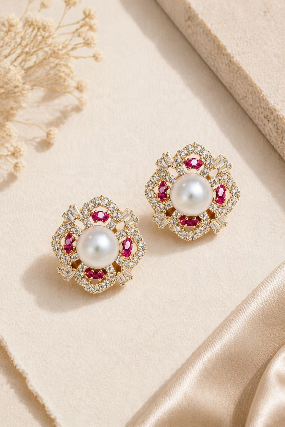 Pearl & Pink Stone Floral Pendant Necklace and Earring Set