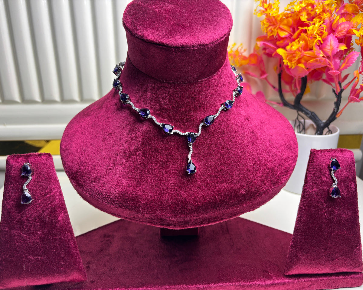 Navy Blue Stone Silver Necklace and Earring Set