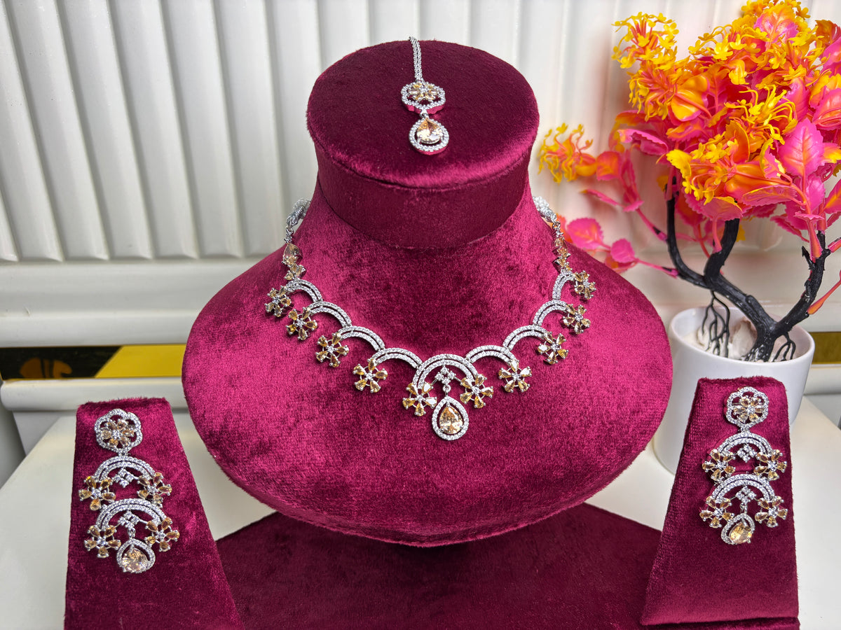 Champagne Bridal Set – Necklace Earrings and Maang Tikka