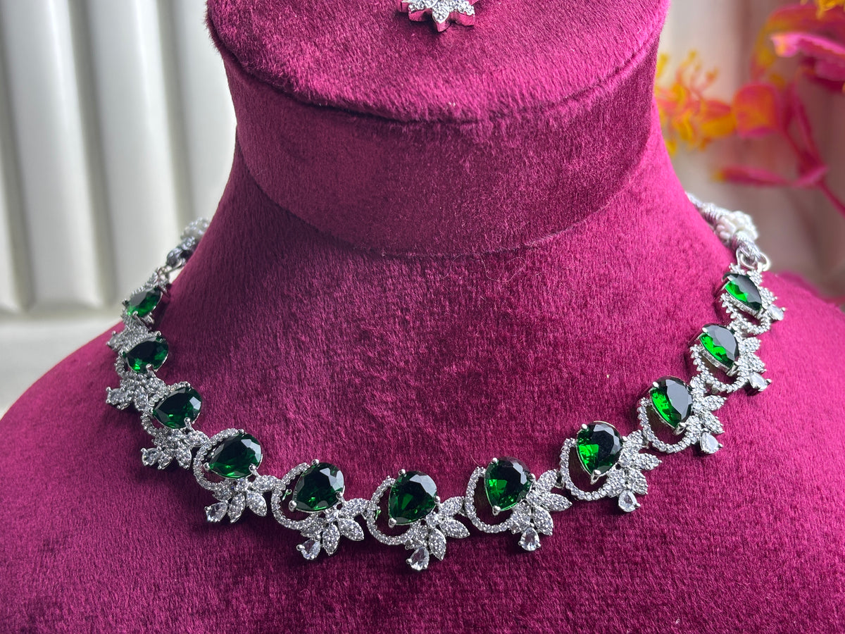 Emerald Green Floral Crystal Collar Necklace and Earring Set