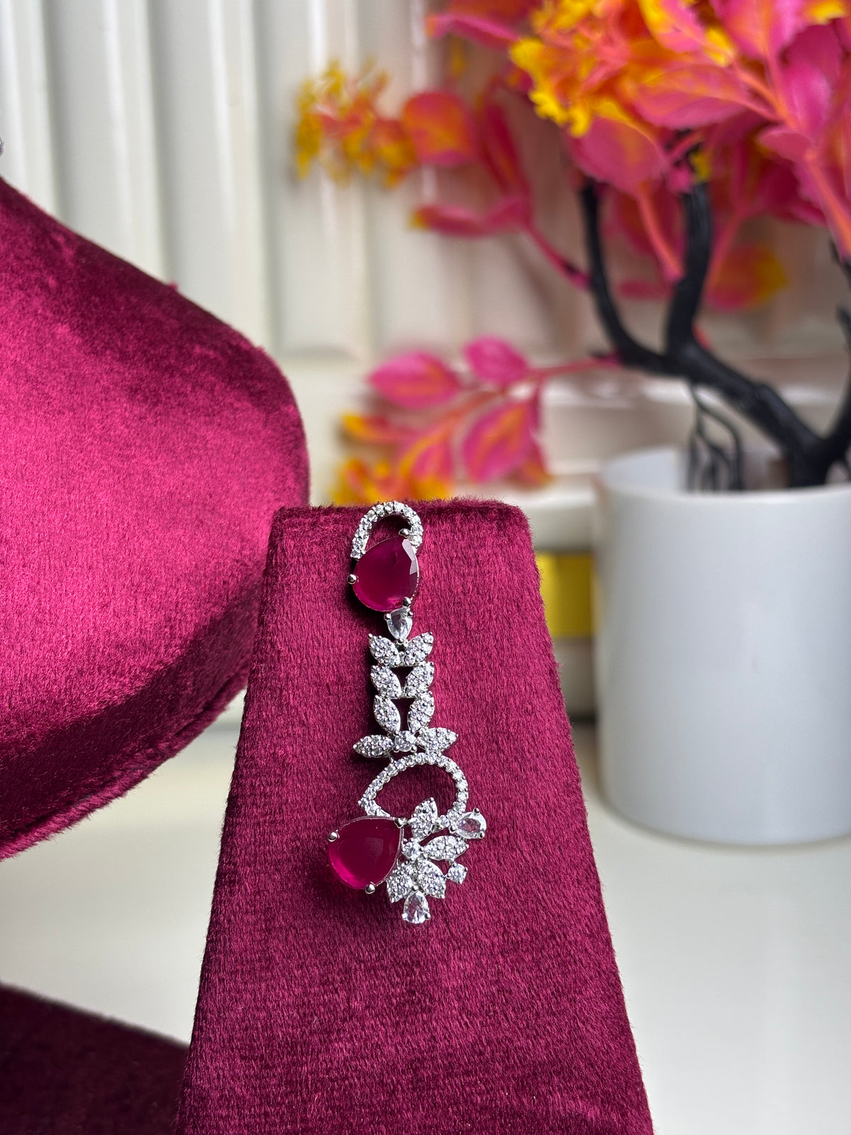 Magenta Pink Floral Silver Necklace and Dangle Earring Set