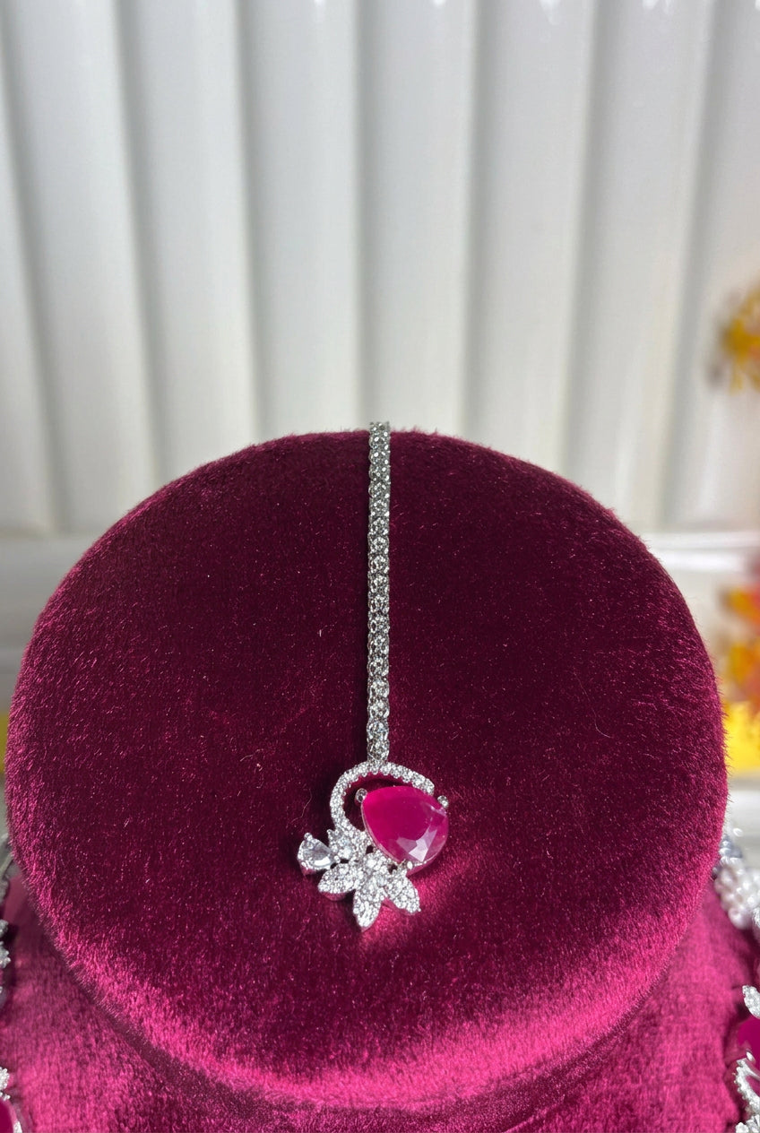 Magenta Pink Floral Silver Necklace and Dangle Earring Set