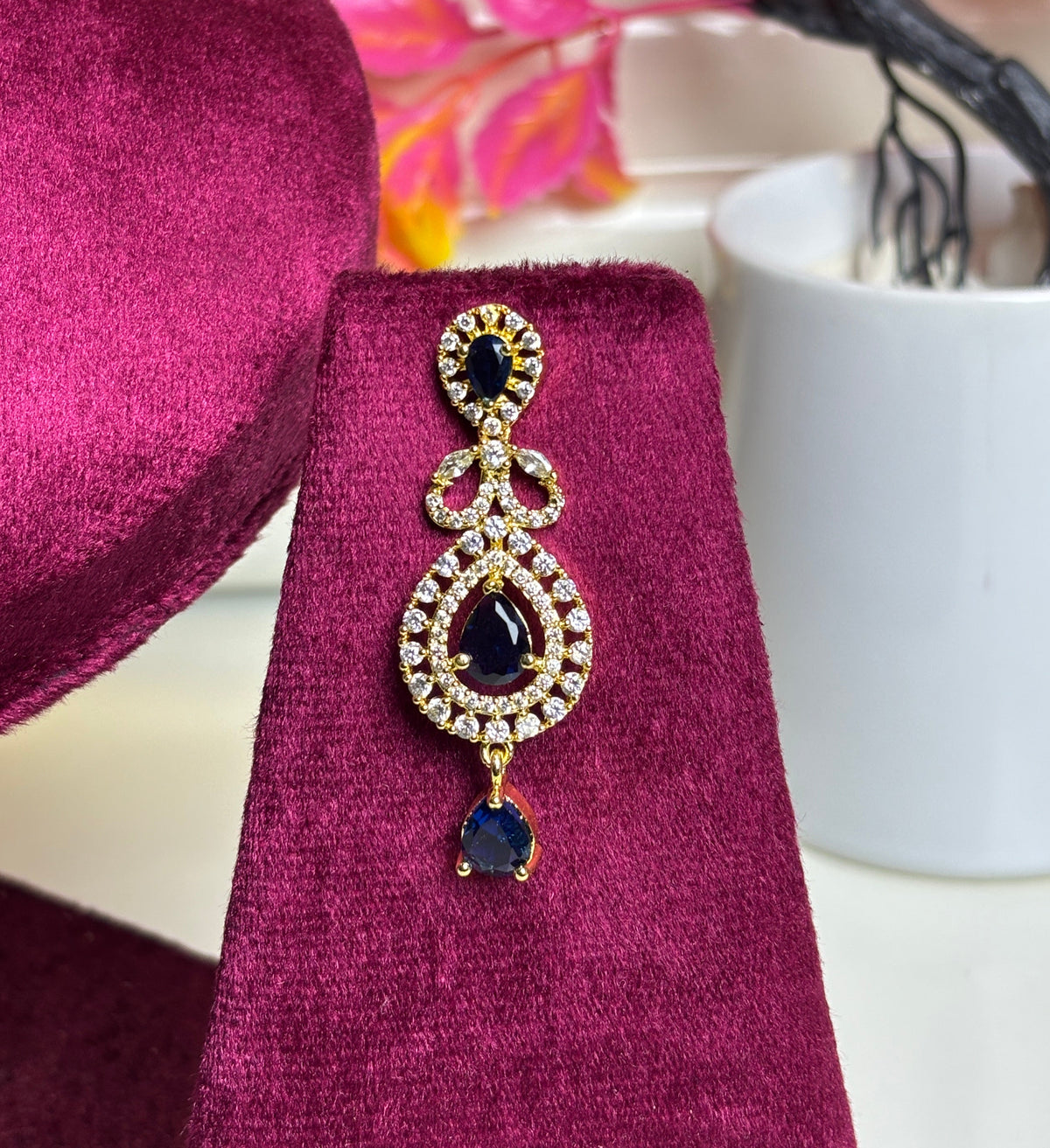 Gold Blue Teardrop Traditional Necklace and Earring Set