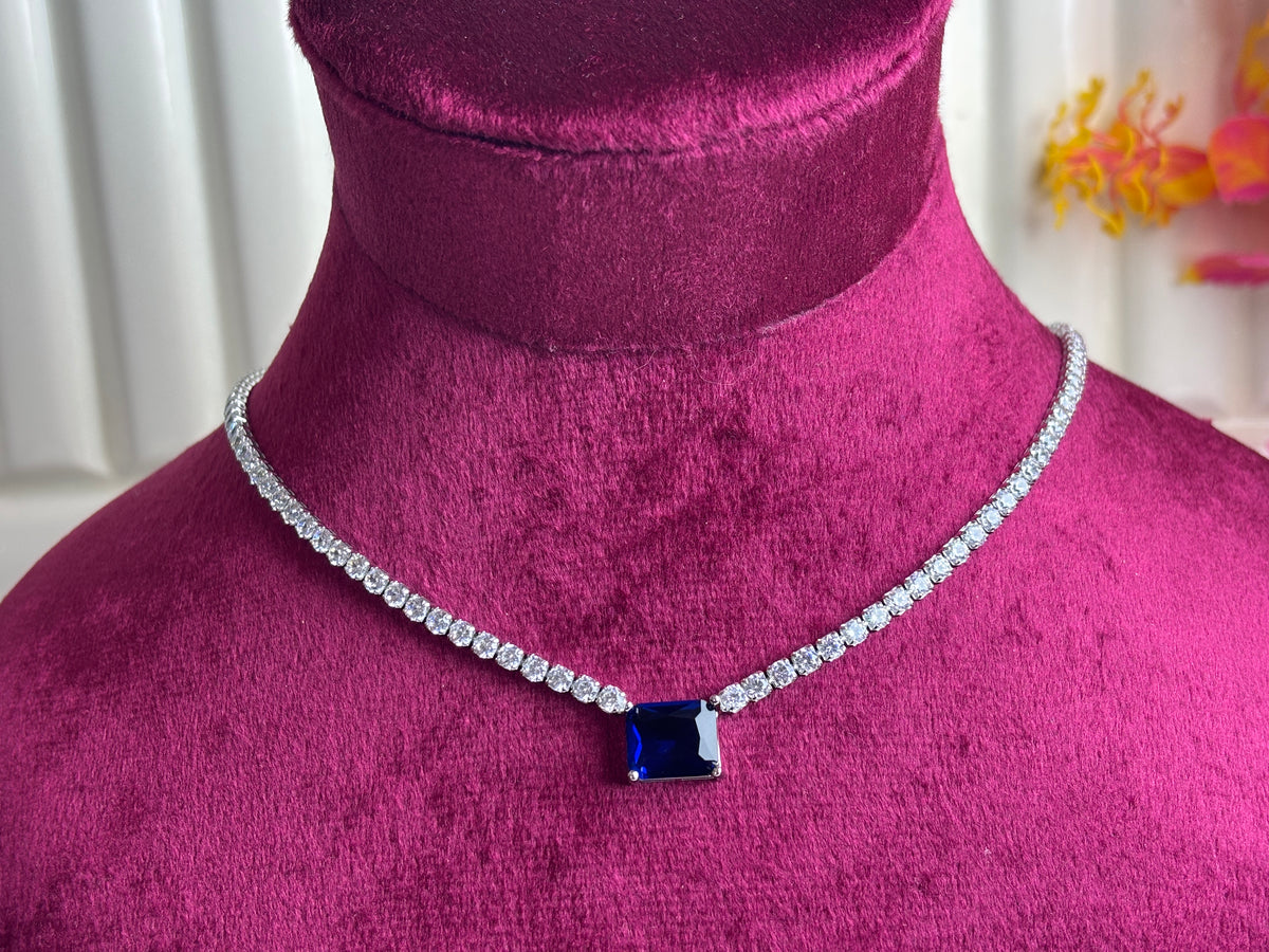 Silver Square Crystal Tennis Necklace with Navy Centre Stone