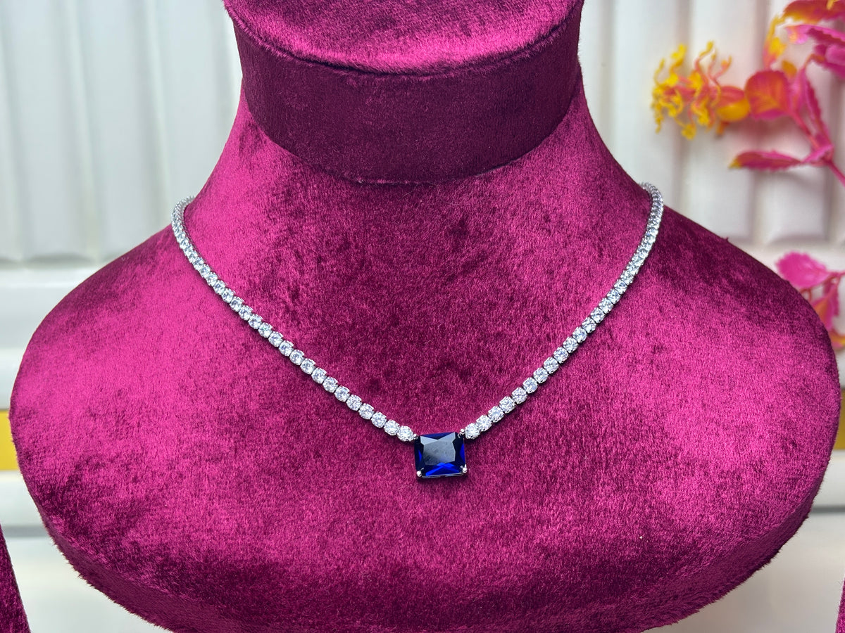 Silver Square Crystal Tennis Necklace with Navy Centre Stone