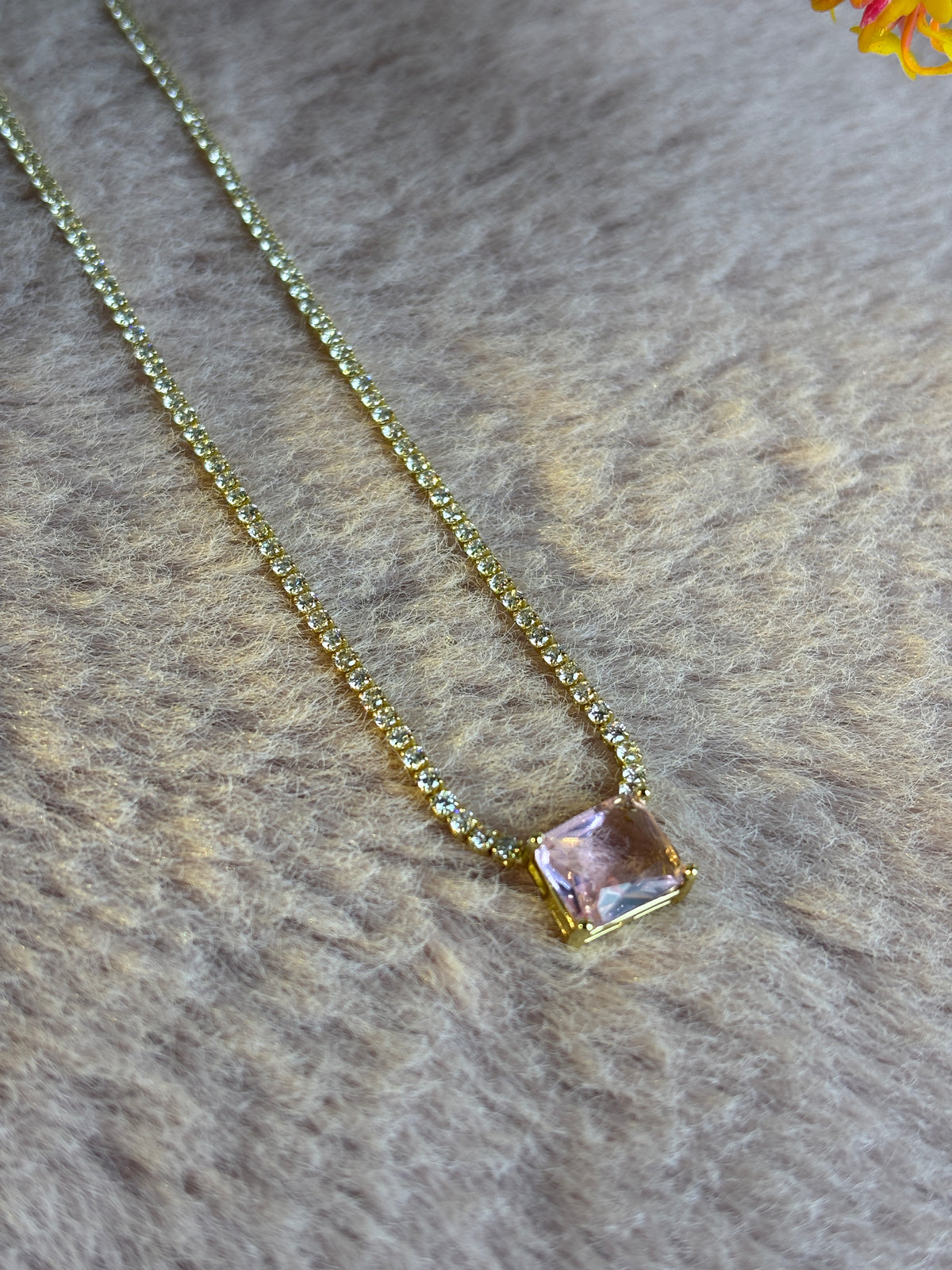 Gold Round Crystal Tennis Necklace with Pink Centre Stone