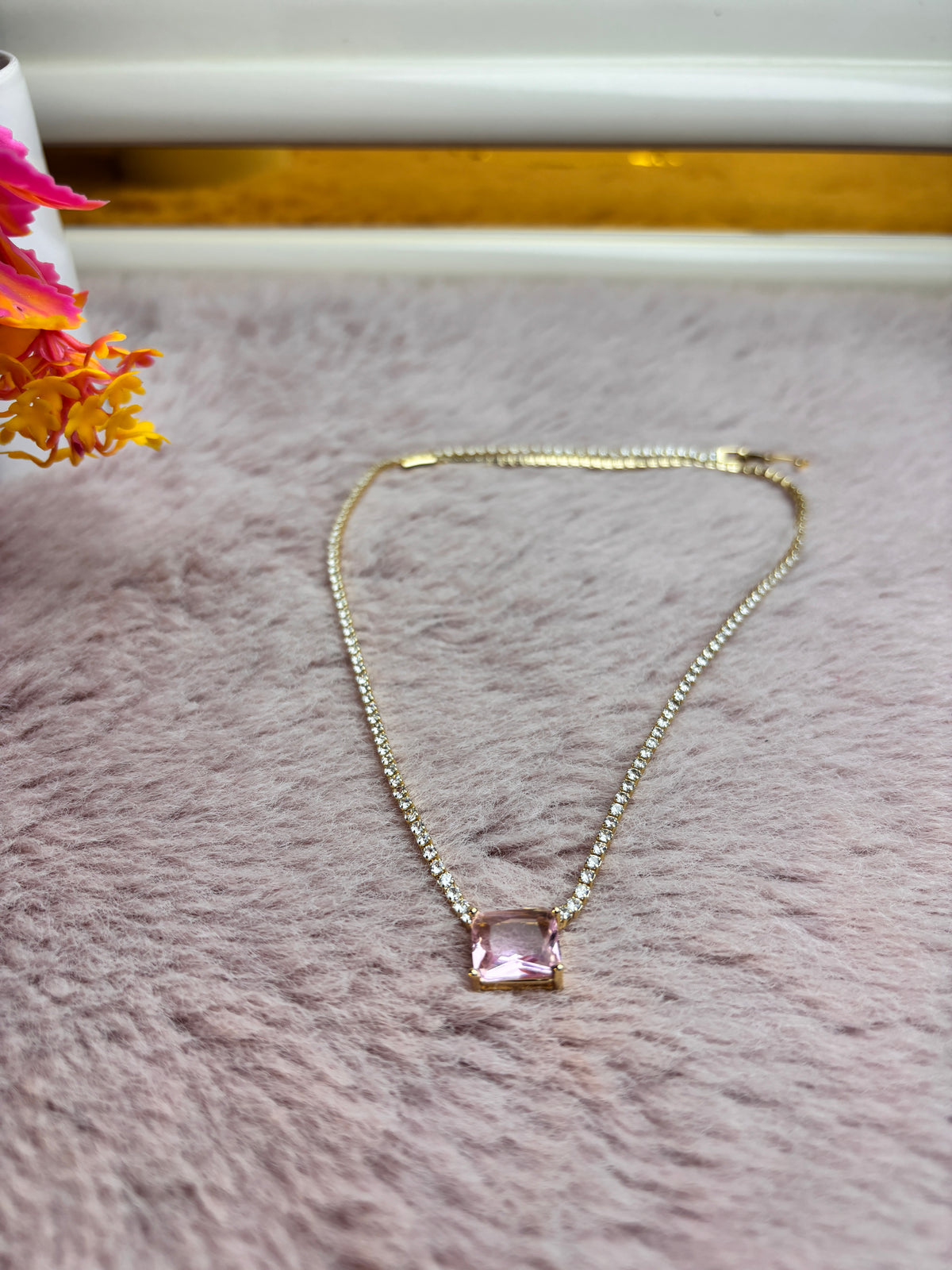 Gold Round Crystal Tennis Necklace with Pink Centre Stone