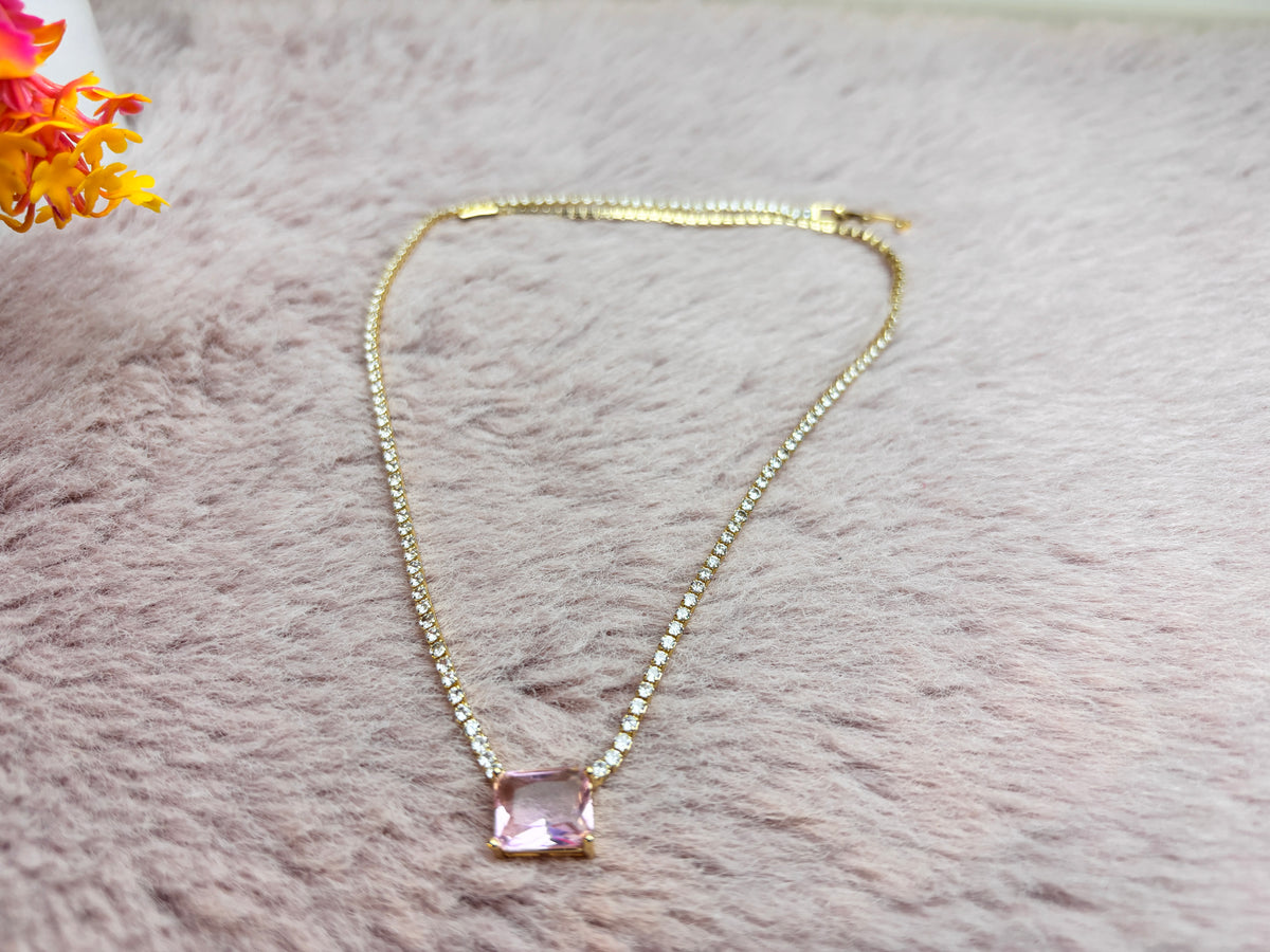 Gold Round Crystal Tennis Necklace with Pink Centre Stone