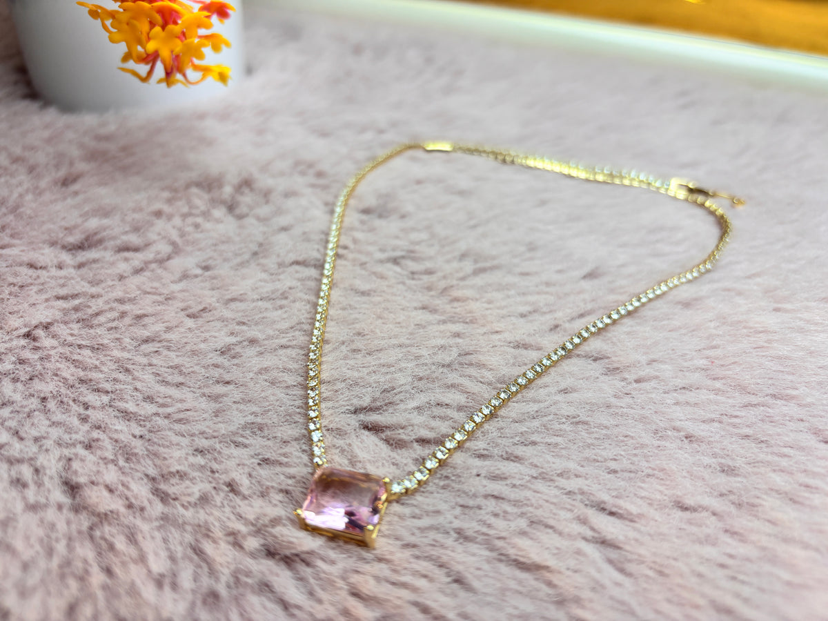 Gold Round Crystal Tennis Necklace with Pink Centre Stone