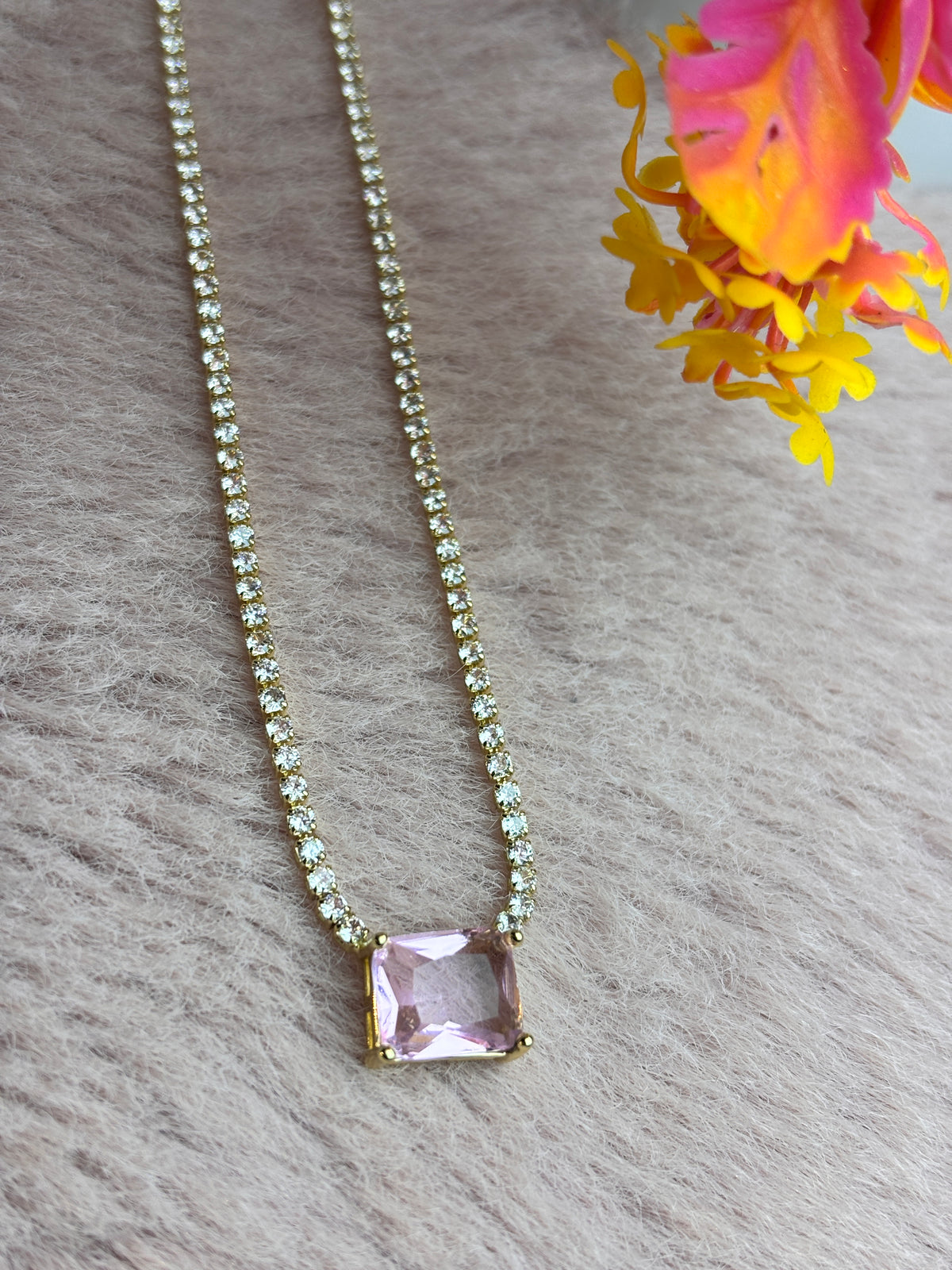 Gold Round Crystal Tennis Necklace with Pink Centre Stone
