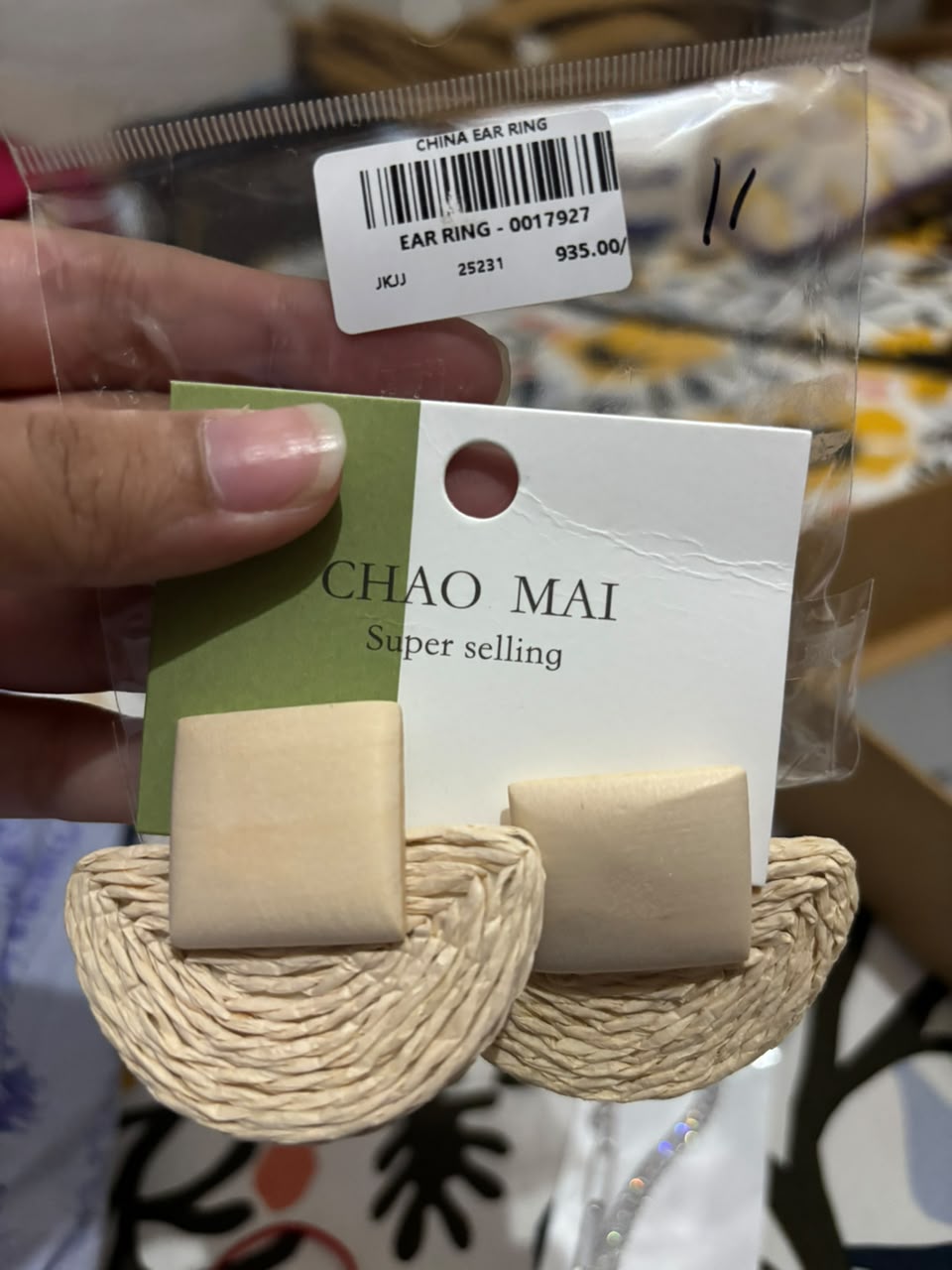 Cream Square and Natural Straw Semi-Circle Drop Earrings